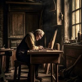 De oude houtbewerker aan zijn werktafel bezig. van Harry Stok