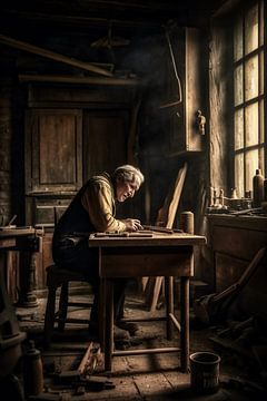 De oude houtbewerker aan zijn werktafel bezig.
