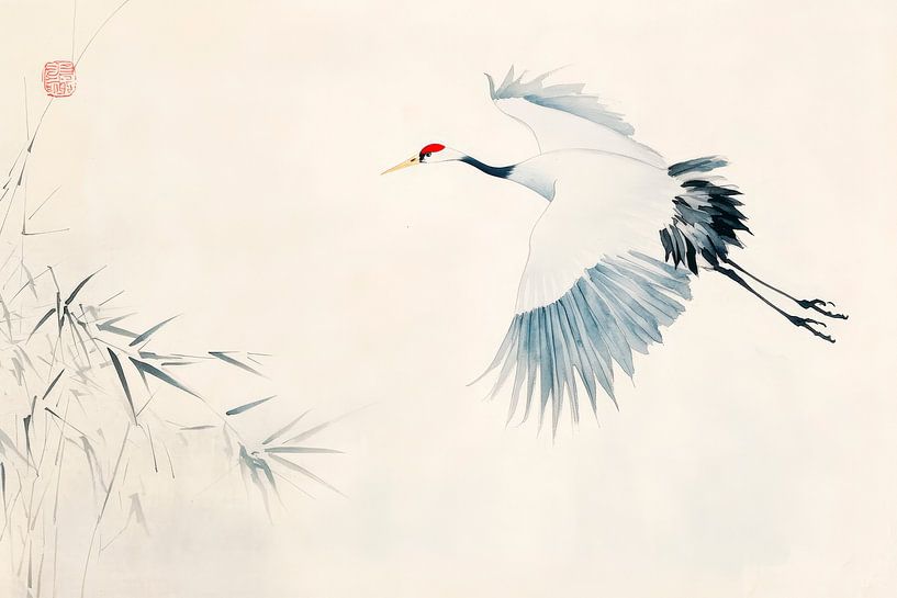 Crane flight over delicate bamboo by Poster Art Shop