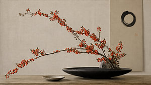 Nature morte minimaliste à la japonaise avec des baies rouges du cotinus nain