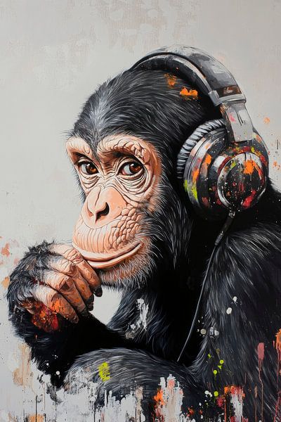 Denkende Affe mit Kopfhörern von Poster Art Shop