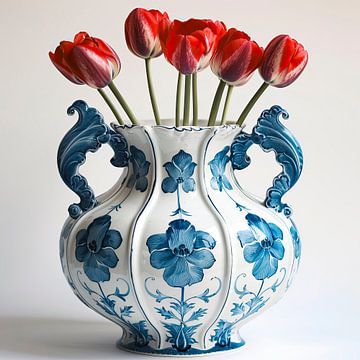 Red tulips in ceramic blue and white vase
