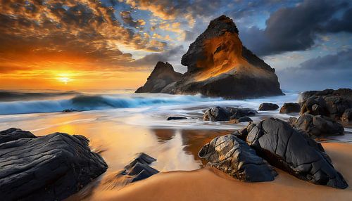 Zonsondergang op het strand met wolken