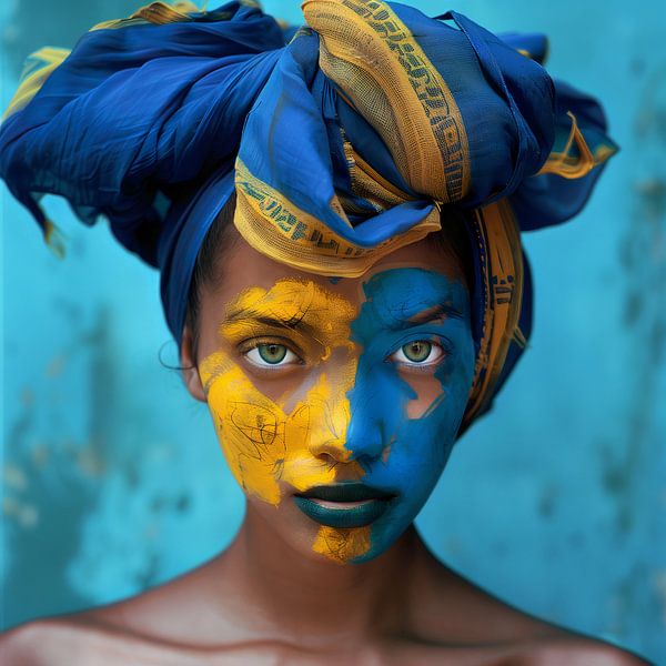 Faszinierende Frau mit blauer und gelber Gesichtskunst und Turban von Glitzy Fusion Frames