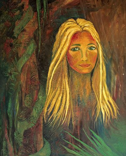 Schilderij van een jonge vrouw in het oerwoud