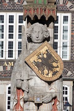 Bremen Roland op de marktplaats in de historische oude binnenstad van Bremen, Roland standbeeld, UNE van Torsten Krüger