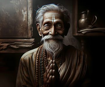 Ein alter indischer Weiser, Rishi, grüßt mit Namaste von Eye on You