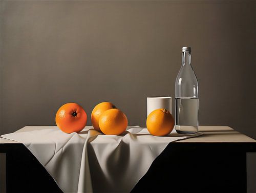 Minimalist hyperrealist still life oranges and water