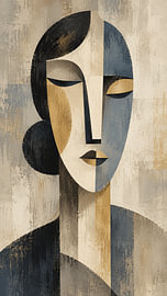Minimalistischer, geometrischer Druck eines Frauengesichts – Modernes, ruhiges, figuratives Kunstwerk von Alfonz