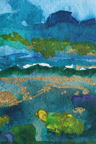 Zusammenfassung: Eine Landschaft, ein Aquarell in wunderschönen Blautönen.