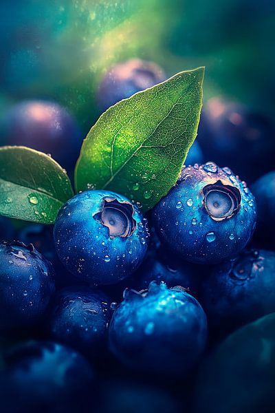 Juicy blueberries with drops and leaves by Poster Art Shop
