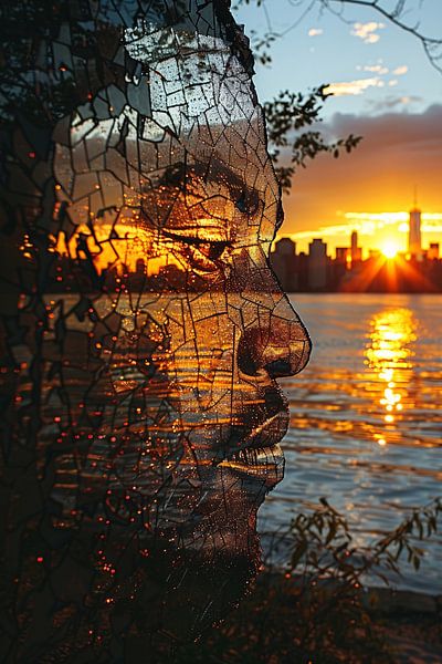 Silhouet tegen zonsondergang in gebroken glas van Art & Soul Creations