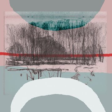 Moderne abstracte mixed media kunst. Collage met een landschap met bomen in roze blauw, rood van Dina Dankers