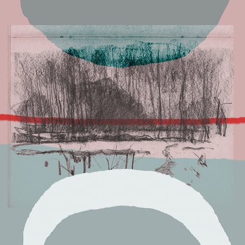 Art moderne et abstrait. Collage avec un paysage avec des arbres en rose, bleu et rouge.