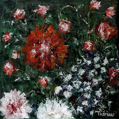 Bloemenschilderij donkergroen.