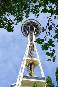 Die Space Needle umrahmt von Bäumen