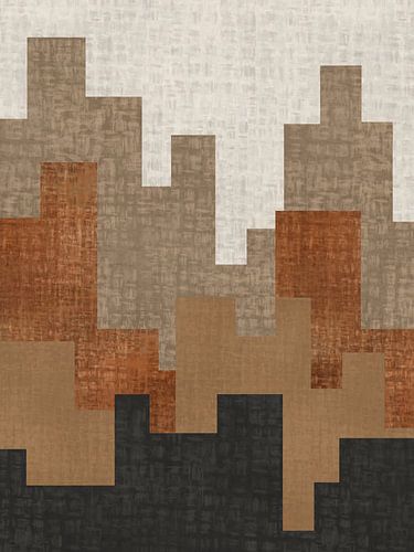 Abstract kunstwerk skyline stad in roestbruin creme antraciet en goudbruin