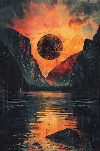 Planeet boven berglandschap bij zonsondergang