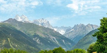 Uitzicht op de bergen van Ushba bij Mestia in Georgië van Leo Schindzielorz