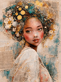 Portrait moderne de style bohème d'une femme avec des fleurs et des textures sur Studio Pieternel