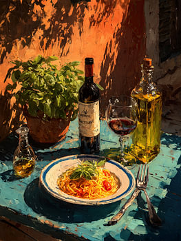 Spaghetti, Wein und Basilikum