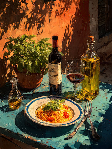 Spaghetti, wijn en basilicum