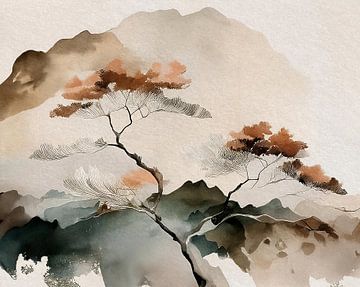 Japandi Art schilderij: Japans ZEN Berglandschap van Studio Pieternel