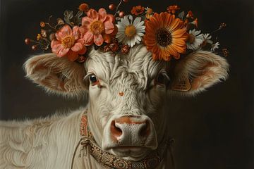 Eleganz des Schwarzwalds: Kuh mit Blumenschmuck - Eine charmante Fotografie für das rustikale Zuhause von Felix Brönnimann