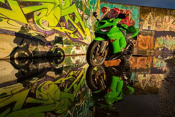 Kawasaki ZX-6R 2005 in a puddle of water in front of a wall of graffiti. by Stefan van der Wijst