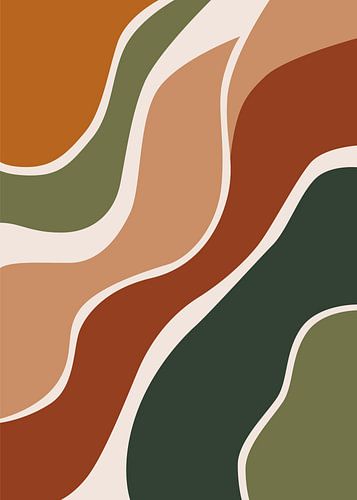 Minimalistische, abstracte illustratie in boho-stijl met dynamische golvende lijnen en organische vormen.