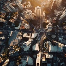 Luftbild von oben von einer fliegenden Drohne einer globalen Stadt mit Entwicklungsgebäuden, von Animaflora PicsStock