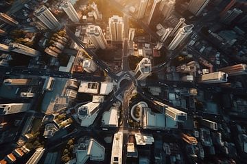 Luftbild von oben von einer fliegenden Drohne einer globalen Stadt mit Entwicklungsgebäuden,