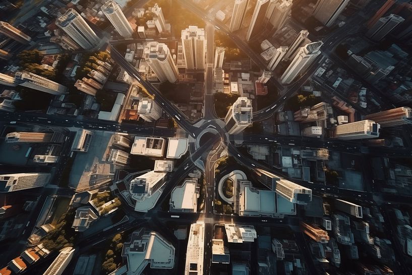 Luftbild von oben von einer fliegenden Drohne einer globalen Stadt mit Entwicklungsgebäuden, von Animaflora PicsStock