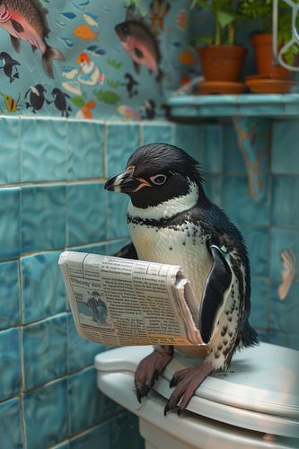 Pinguïn leest krant op toilet - Humoristische Badkamer Poster