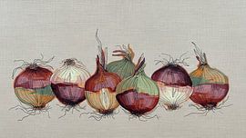 Art culinaire : une rangée minimaliste d'oignons dans des tons chauds de terre sur Studio Pieternel