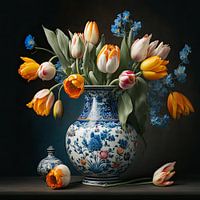 Klassiek versierde vaas met oranje tulpen
