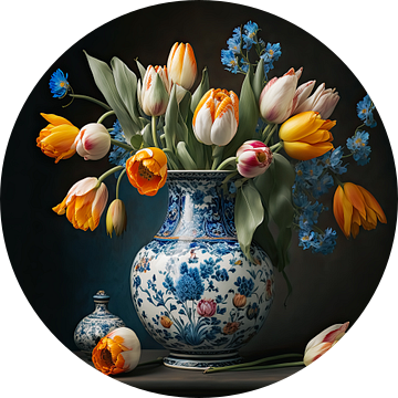 Klassiek versierde vaas met oranje tulpen van Vlindertuin Art