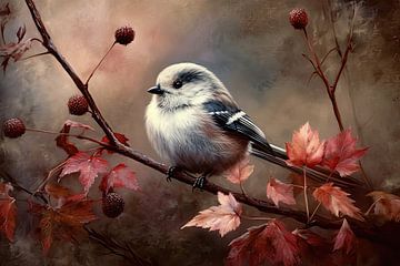 Staartmees - Sfeervol Vogel Schilderij voor Woonkamer van Joriali fotografie en schilderijen