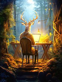 Natur Wald Bäume Hirsch surreal Arbeitsplatz Laptop modern