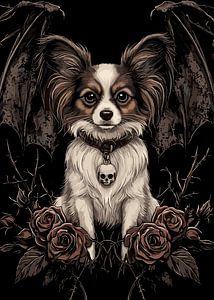Gothic Chihuahua met vleermuisvleugels en rozen