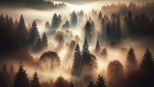 La brume matinale recouvre la forêt mystérieuse