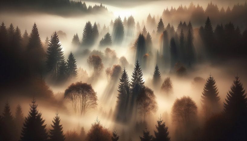 Morning mist shrouds the mysterious forest by artefacti