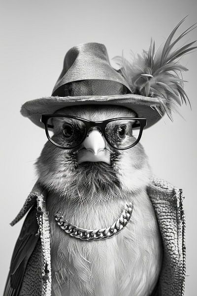 Stylish red cardinal with sunglasses and cap in black and white by Poster Art Shop