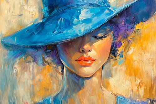 Portret van een vrouw met een blauwe hoed - kleurenserie
