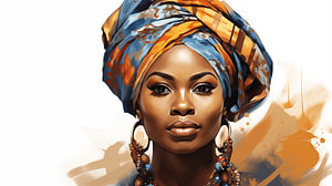 Porträt einer afrikanischen Frau mit lächelndem Aquarell-Kunstdesign und buntem Kopftuch