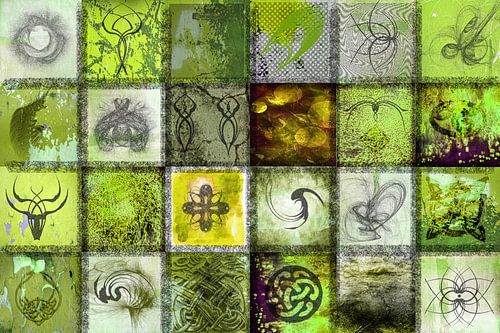 Collage in groen met tekens en symbolen