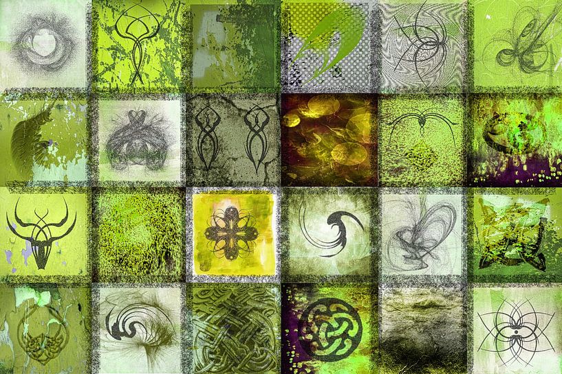 Collage in groen met tekens en symbolen van Rietje Bulthuis