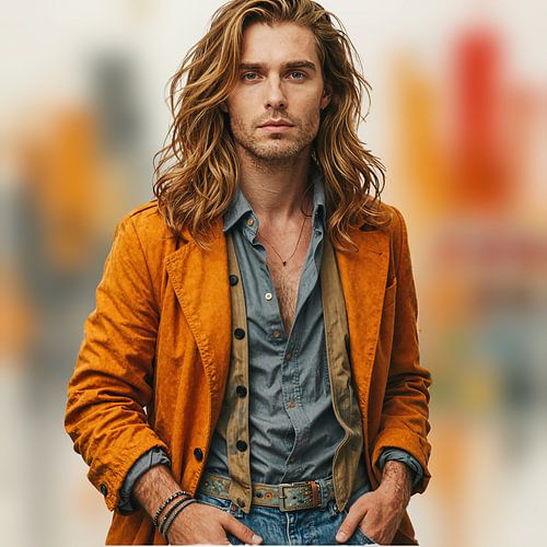 Kräftiger Mann mit langen Haaren in orangefarbener Jacke von Digital Art Nederland