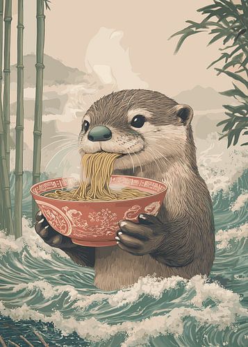 Otter mit Ramen-Schüssel in einer Wellenlandschaft