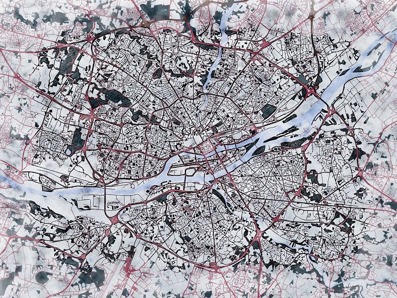 Carte de Nantes avec le style 'White Winter' par Maporia